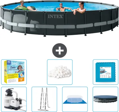Produktbild von Intex Round Ultra XTR Frame Swimming Pool – 610 x 122 cm – inklusive Pumpe – Leiter – Bodenplane – Abdeckung Wartungspaket - Filterbälle - Bodenfliesen