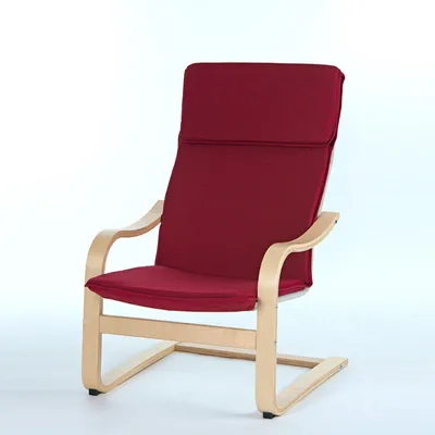 A red upholstered rocking chair with a wooden frame is shown against a white background.