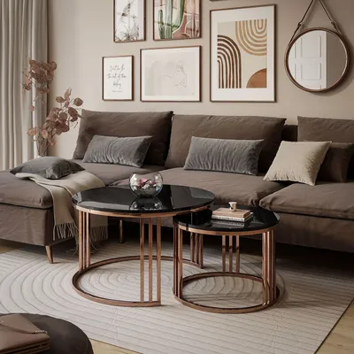 Produktbild von Set Couchtische LORI 2in1 Hochglanz mit kupferfarbener Basis