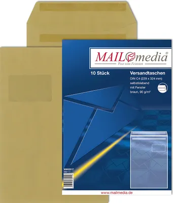 Image de Enveloppe postale MAIL media DIN C4, avec fenêtre, autocollante, marron, 90 g/m², 10 pièces