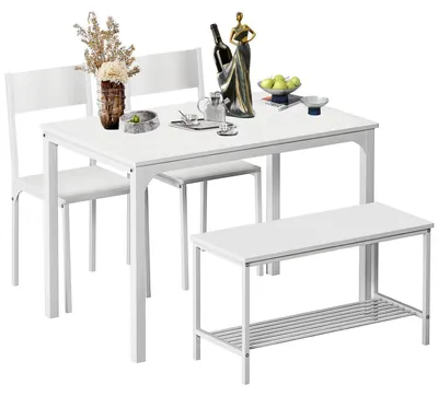Immagine prodotto di Set da pranzo per 4 persone, composto da un tavolo, 2 sedie e una panca, colore bianco