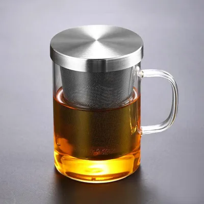 Image de Tasse en verre – Avec filtre en acier inoxydable et couvercle – Pour thé en feuilles – 450 ml – Transparente