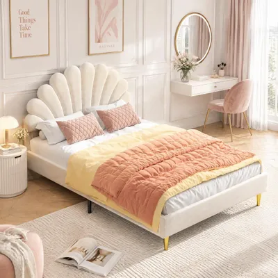 Obrázok produktu pre INONEFT Čalúnená posteľ pre deti, 140x200 cm, dvojposteľ pre dievčatá, posteľ s rámom a latkovým roštom, s čalúnením v tvare kvetov, farba: béžová