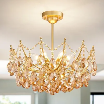 Immagine prodotto di Lampada a sospensione in cristallo, 6 luci, design moderno, ideale per camera da letto, corridoio, bar, cucina, bagno. Altezza: 48,7 cm, larghezza: 50 cm, attacco E14, colore oro