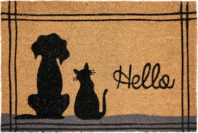 Produktbild von BELIANI Fußmatte Naturfarben Kokosfaser 60x90 cm Rechteckig Tiermotiv Hund Katze mit Schriftzug Anti-Rutsch-Rückseite Indoor Innenbereich Fußabtreter