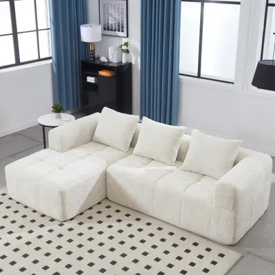 Produktbild von okwish L-Sofa,Ecksofa，Sektionssofa，Modernes Sofa，Chenille-Sofa mit Armlehnen &  3 Kissen,Wohnzimmersofa，Seitentasche für Fernbedienung, Beige