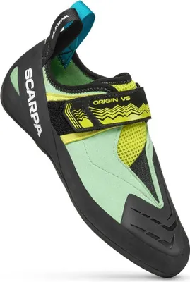 Kletterschuh "Origin VS Wmn" von Scarpa in mintgrün mit schwarzer Sohle und gelben Akzenten.