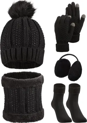 Produktbild von 5er Pack Winter Mütze Schal Handschuhe Set Strick Beanie Bommel Mütze Warm Touchscreen Handschuhe Ohrenschützer Wärmer Strumpf für Damen