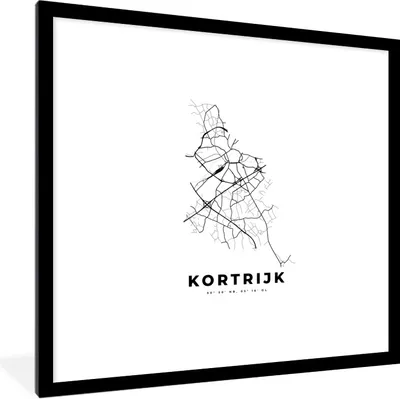 Produktbild von MuchoWow® Gerahmtes Poster Karte - Stadtplan - Kortrijk - Belgien - Schwarz und weiß 40x40 cm - Poster mit Schwarzem Bilderrahmen Wandposter Rahmen Foto Bilder - Poster - Plakat im Rahmen