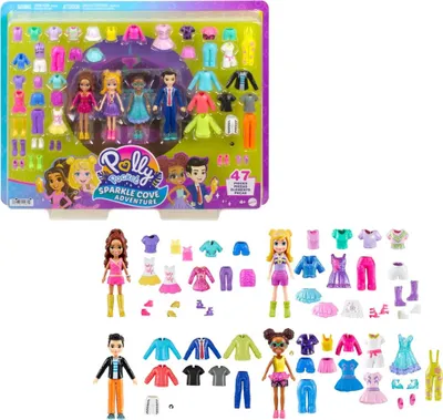Zdjęcie produktu dla Zestaw mody Polly Pocket Sparkle Cove Adventure - 4 lalki, ponad 45 elementów mody, bluzki, spodnie, sukienki, akcesoria, dla dzieci w wieku 4+, HKW10