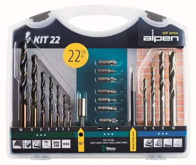 Obrázek produktu pro Alpen Bohr- und Schraubset KIT 22 mit Kunststoffkoffer 22-tlg MZ-Set, Bits