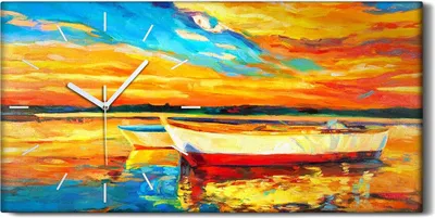 Produktbild von Wanduhr Bürouhr Leinwand Bild Kunstdruck 60x30 Gemälde See Hafen Boot Himmel - weiße Hände