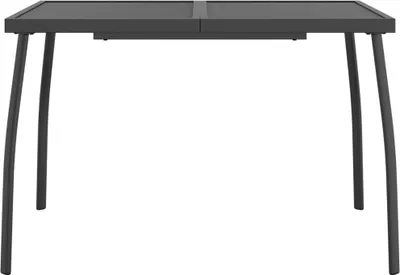 A dark grey rectangular table with four curved legs, shown from a front-facing angle against a white background.