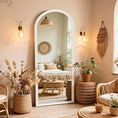 Imagen del producto de Espejo de cuerpo entero de 160 x 50 cm, espejo de pie con forma arqueada y marco de madera