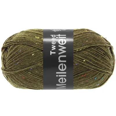 A ball of green yarn with colorful flecks, with a black label around it.