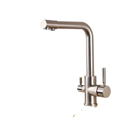 A brushed nickel kitchen faucet with two handles and a water filter spout, shown against a white background.