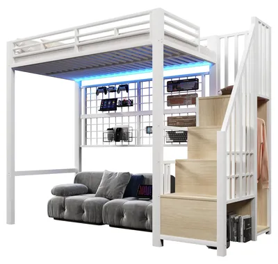 Produktbild von Hochbett mit RGB LED-Streifen, Rausfallschutz, 90x200cm, Treppe mit Regal und Kleiderschrank, Kinderbett, Metallbett