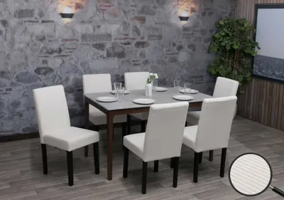Produktbild von 6er-Set Esszimmerstuhl Littau, Stuhl Küchenstuhl Hochlehner, Stoff/Textil Cord Holz  creme, dunkle Beine