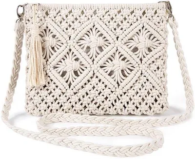 Immagine prodotto di Borsa a tracolla da donna intrecciata Unyqoos®, realizzata in cotone naturale, dimensioni 25 x 21 cm, con frange e tracolla removibile