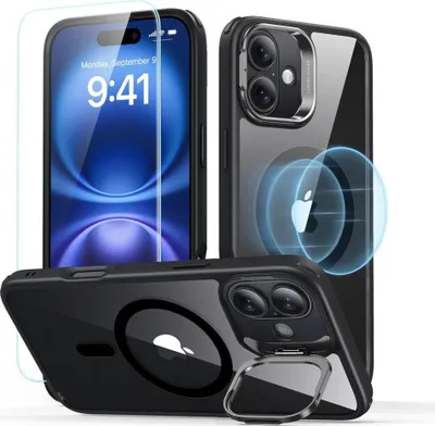 Produktbild von ESR Classic Hybrid Kickstand Halolock MagSafe iPhone 16 Plus + Panzerglas Displayschutz - Schwarz