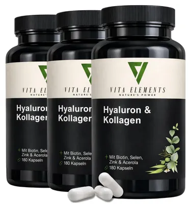 Produktbild von Vita Elements Hyaluronsäure Kollagen 3er Set 180 Kapseln Collagen Hyaluron Haut Nahrungsergänzungsmittel