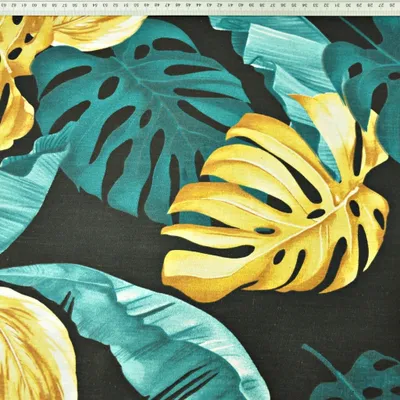 Produktbild von Baumwolle 100% Monstera- und Bananenblätter gold-türkis auf schwarzem Hintergrund