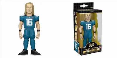 A Funko Gold premium vinyl figure of NFL player Trevor Lawrence, shown both out of its packaging and in its box.