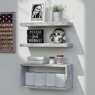 Image de Étagères suspendues, lot de 3, étagères de salle de bain de style cottage, étagères murales avec fixations invisibles au-dessus des toilettes, étagères murales pour salle de bain, chambre, salon, cuisine, blanc rustique
