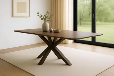 A dining table is set in a well-lit room with a large window overlooking a garden.