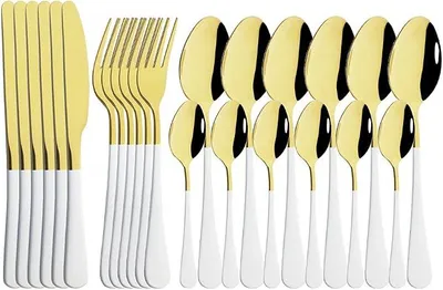 Imagen del producto de Juego de cubiertos, 24 piezas, acero inoxidable (color blanco dorado)