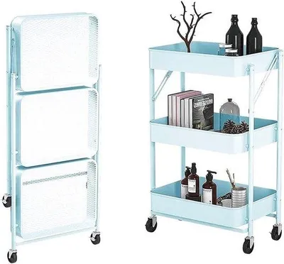Productafbeelding van Multifunctionele Serveertrolley met 3 Niveaus - Inklapbare Keukentrolley en Badkamerrek op Wielen