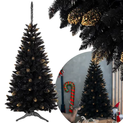 A black artificial Christmas tree with golden pine cones and lights, shown on a white background and also as part of a larger scene with decorations.