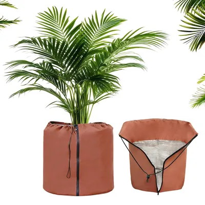 Image de Protection hivernale pour plantes, housse d'hiver pour pot de fleurs, 45 x 50 cm, housse thermique pour pot de fleurs avec fermeture éclair et cordon de serrage, protection contre le gel pour jardinières et pots (marron)