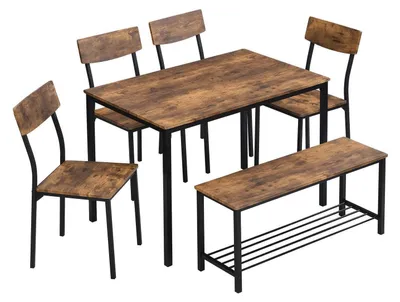 Image de Ensemble de table à manger pour 6 personnes comprenant une table, 4 chaises et un banc de 110 cm, en MDF et métal