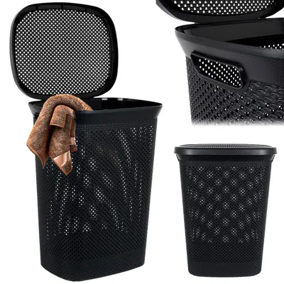 A collage of images showing a black laundry basket with a lid, some close-ups of its texture and handles, and a smaller version of the basket.