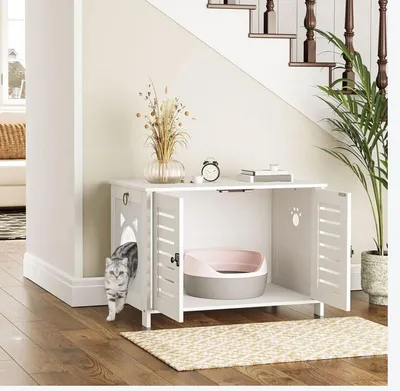 Produktbild von Katzenklo Schrank weiss Holz im Jalousien-Stil L/B/H: 60x45x50 cm, Quadratisch