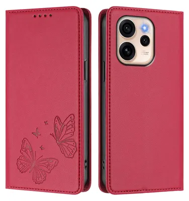 Image de Étui en cuir pour Oppo Reno15 F, étui de protection type portefeuille en cuir gaufré « papillon » avec support, rouge
