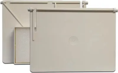 Two beige plastic skimmer covers are shown, one partially obscuring the other. The front cover is a flat rectangular panel with a circular indentation in the center. The rear cover is also rectangular but has a diagonal support structure visible on its lef