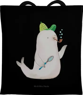 Produktbild von Mr. & Mrs. Panda Schultasche Robbe Sherlock - Schwarz - Geschenk, Jutebeutel, Tasche, Lustige Sprüche, Tote Bag, Uni, Alltagstasche