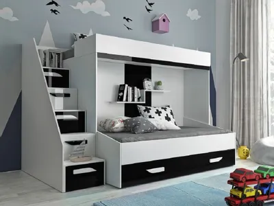 Produktbild von Hochbett Doppelstockbett Etagenbett für 2 Kinder mit Treppe PARIS 6 hochglanz weiß-schwarz