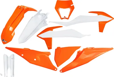 Produktbild von Verkleidungskit UFO PLAST 10-teilig Verkleidungssatz Kunststoff mit Gabelschutz für KTM EXC Sixdays EXC-F 125 - 500 ccm Bj. 2020 - 2023, Farbe:orange / weiß