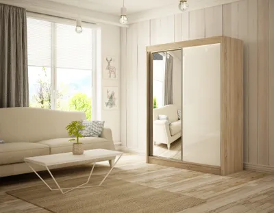 Produktbild von Kleiderschrank Venus 150 cm inklusive 2 Schiebetüren mit Spiegel Lieferung bis in die Wohnung Kleiderstange Garderobe Schrank (Farbe: Eiche sonoma, lacobel weiß)
