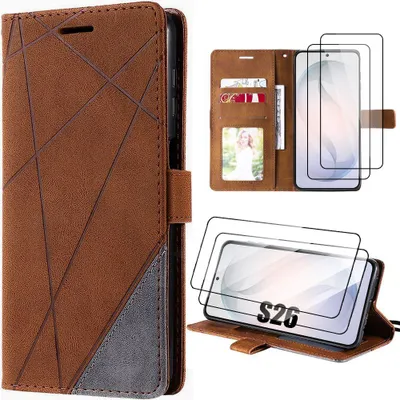 Image de Coque + 2 Verres Trempés pour Samsung Galaxy S26, Protection Rabat Antichoc Synthécuir Bicolore Marron Gris