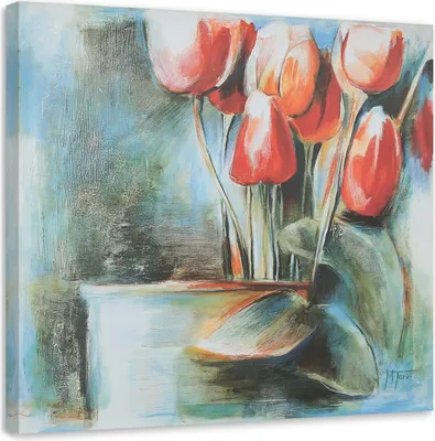 Produktbild von Leinwandbild rote tulpen in einer vase 60x60 cm Feeby rot wandbild bereit zum aufhängen