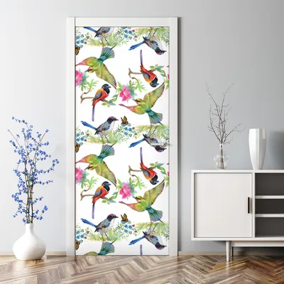Produktbild von Dekorative Türaufkleber selbstklebend Klebefolie Aufkleber Bunte Vögel weiß 77 x 200 cm