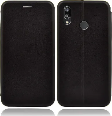 A black flip case for a smartphone is shown from the front and back.