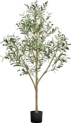 Image de VEVOR Olivier artificiel, 1,5 m, avec pot noir, arbre artificiel avec tronc en bois naturel & feuilles & fruits verts réalistes, plante artificielle pour l'intérieur, la maison, le bureau, le salon