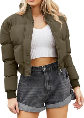 Obrázek produktu pro ASKSA Dámská bunda Puffer Jacket Short Stand-up Collar Zimní prošívaná bunda Teplá prošívaná tlustá zimní bunda Outdoor, Army Green, S
