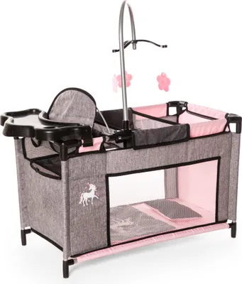 Produktbild von Bayer Design 62633AB Puppenbett mit Schrank, Sitz, Mobile, Ablage, Bettdecke, Kissen, jeans-grau, rosa, Einhorn