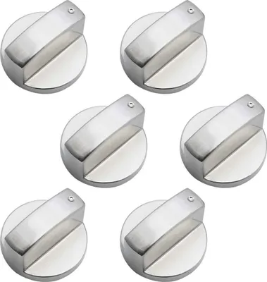 A group of six silver metal stove knobs arranged in a grid on a white background.